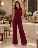 Sweetra – Ensemble Femme Chic Top à Boutons Dorés & Pantalon Large | Maison Vera