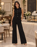 Sweetra – Ensemble Femme Chic Top à Boutons Dorés & Pantalon Large | Maison Vera
