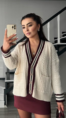 Cardigan femme en maille écru et bordeaux Maison Vera