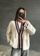 Cardigan femme torsadé écru et bordeaux Maison Vera