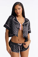 Ensemble satin caraco et short Cherry Pop – Noir et blanc