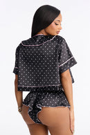 Ensemble satin caraco et short Cherry Pop – Noir et blanc – Vue 3